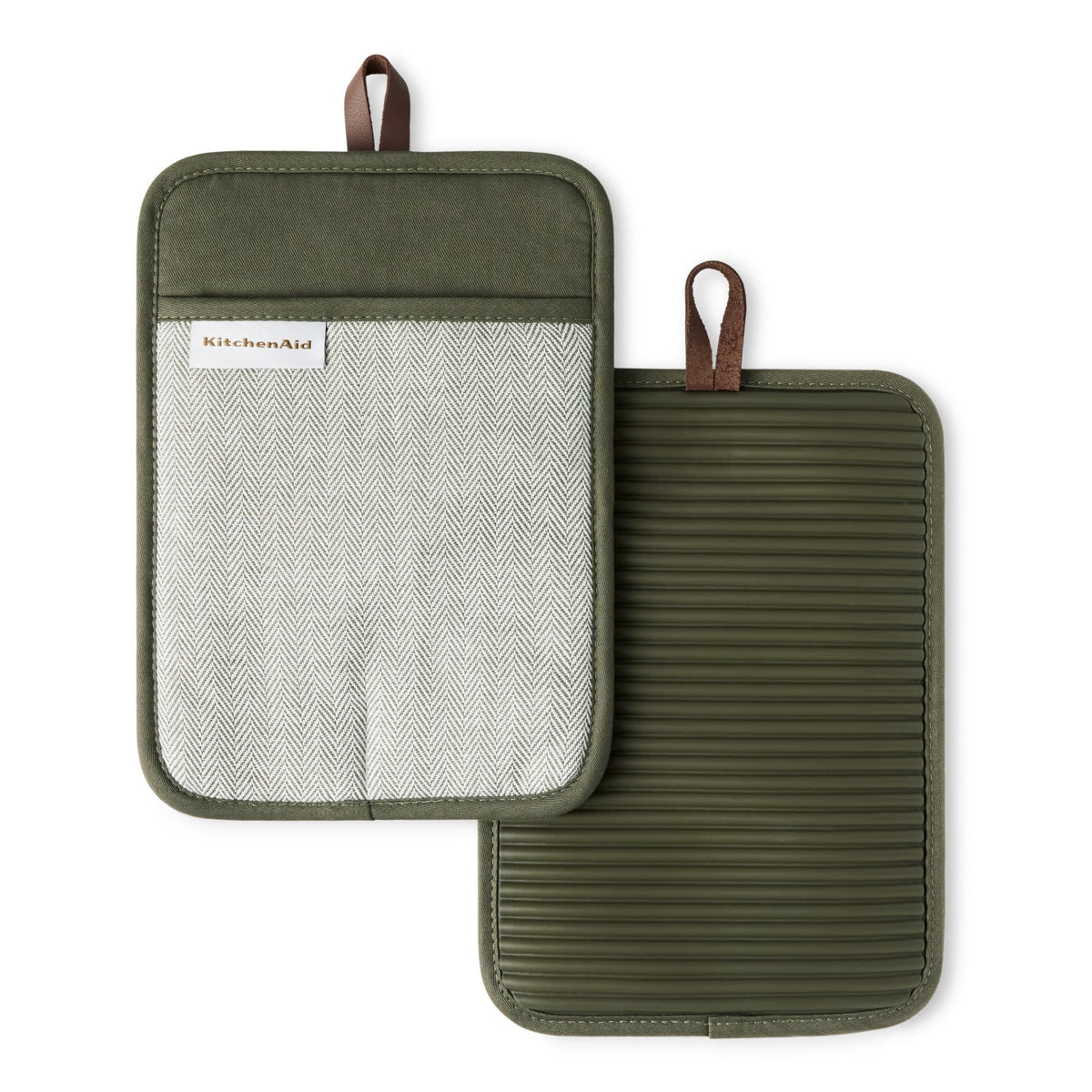 KitchenAid front view of pot holder two-pack showing deep forest green and vegan leather loops for easy storage