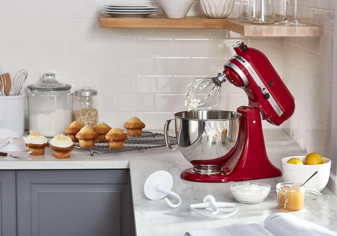 KitchenAid flat beater attached in tilt-head mixer demonstrating efficient batter mixing