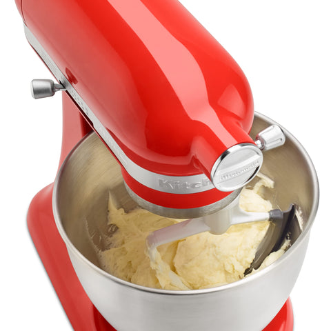 KitchenAid flex edge beater installed in tilt‑head mixer demonstrating efficient mixing