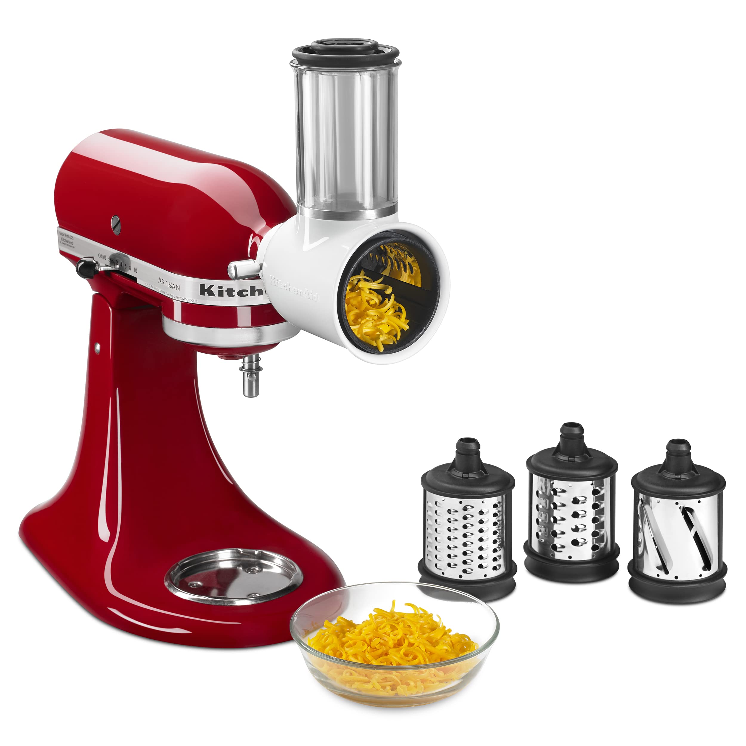 KitchenAid front view of attachment showing compact profile and easy hub connection benefit