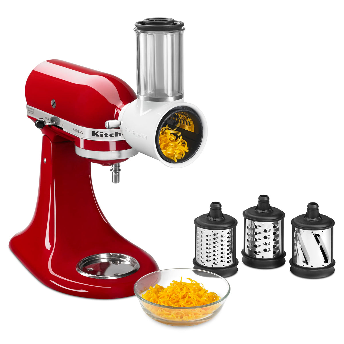 KitchenAid front view of attachment showing compact profile and easy hub connection benefit
