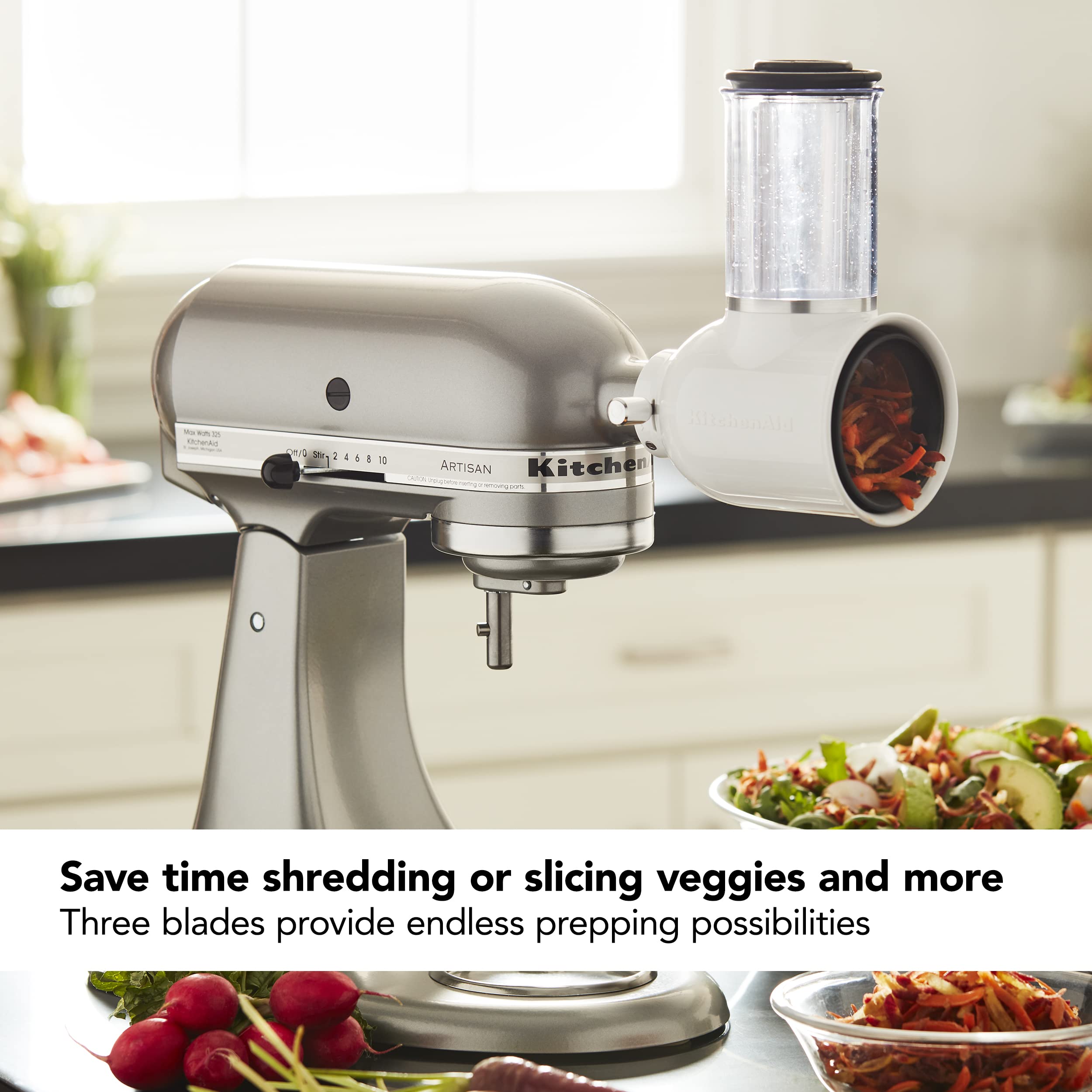 KitchenAid attachment mounted on stand mixer processing vegetables for fast prep benefit