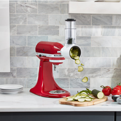 KitchenAid shredding directly into bowl to save transfer time and portion precisely benefit