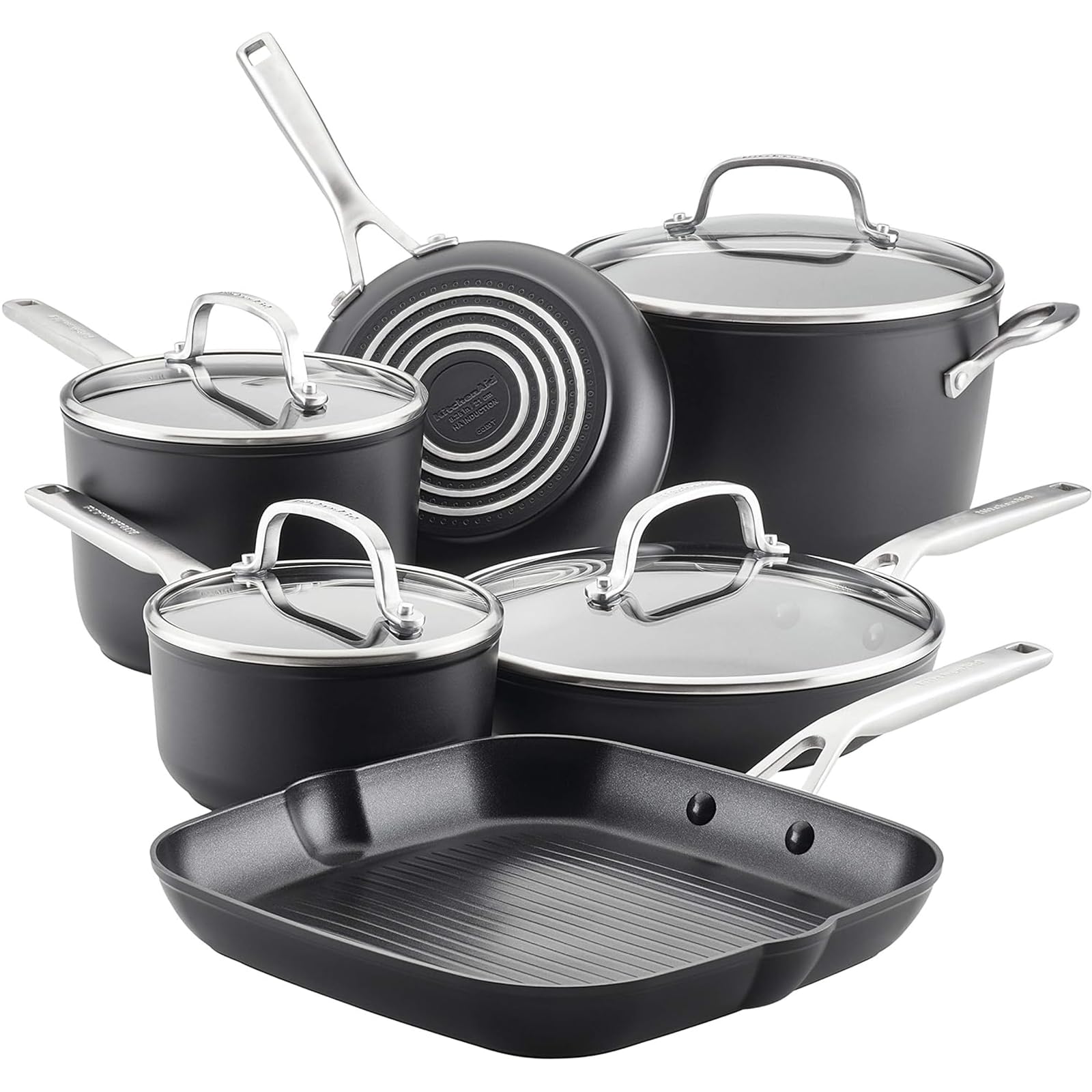 KitchenAid front view of cookware set showing contents and lids for organized storage