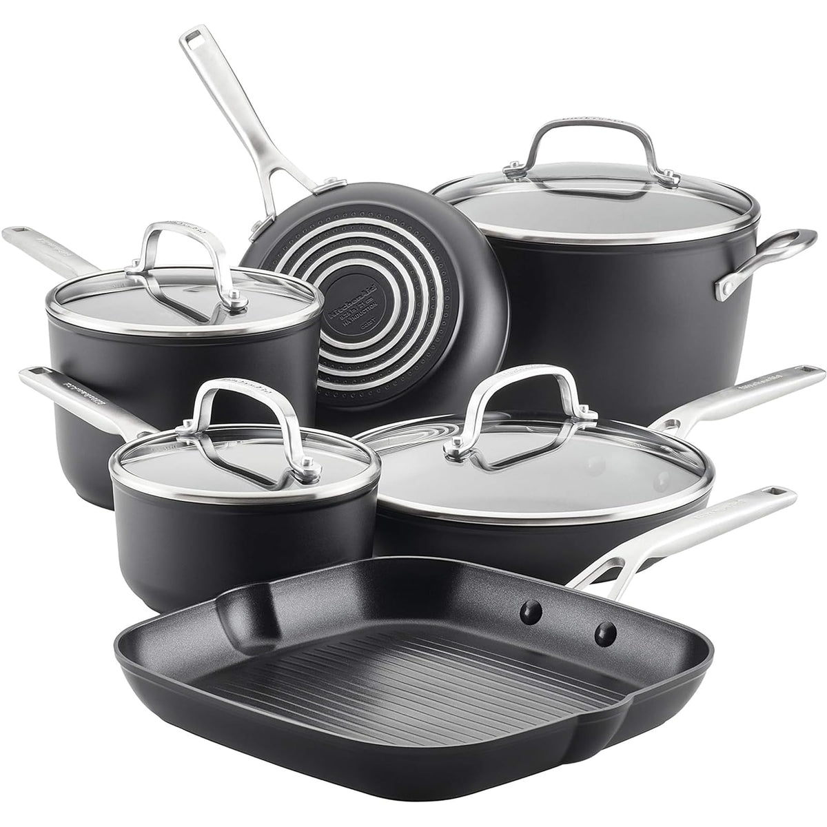 KitchenAid front view of cookware set showing contents and lids for organized storage