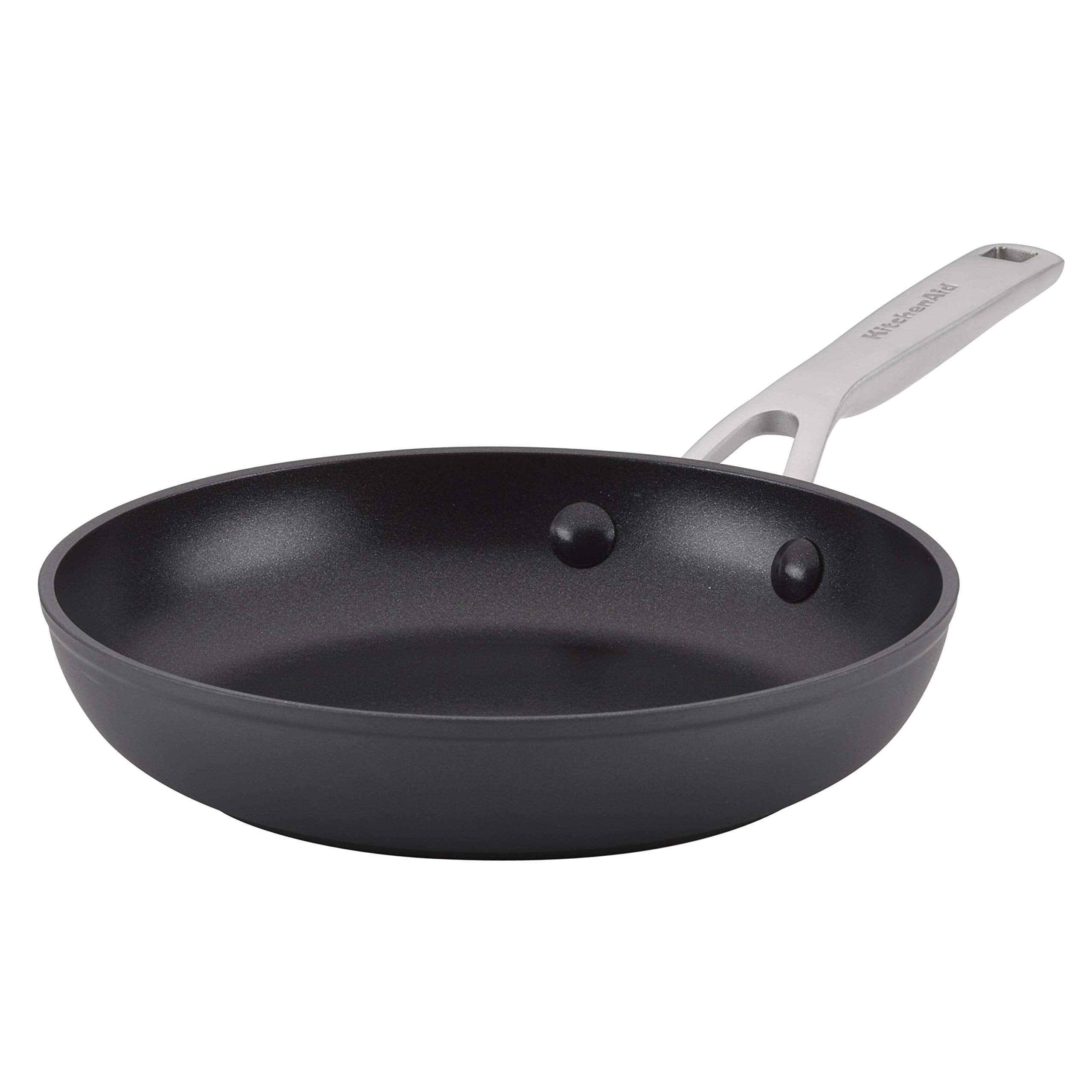 KitchenAid skillet front packaging showing black finish and compact size, highlights reliable performance