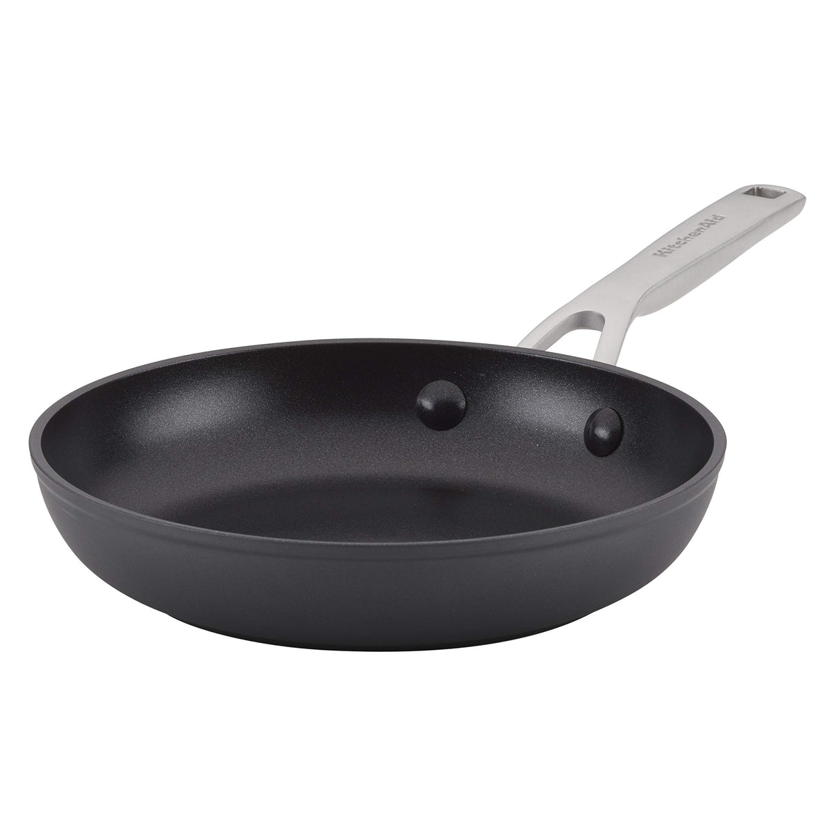 KitchenAid skillet front packaging showing black finish and compact size, highlights reliable performance