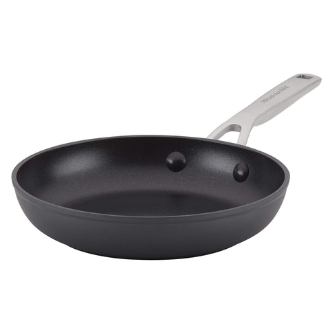 KitchenAid skillet front packaging showing black finish and compact size, highlights reliable performance