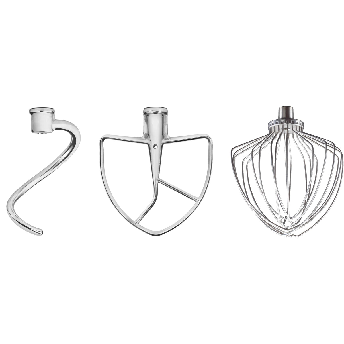 KitchenAid front view of three stainless steel attachments showing durable finish