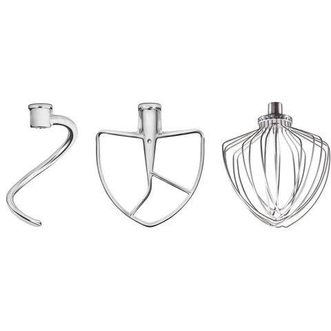 KitchenAid front view of three stainless steel attachments showing durable finish