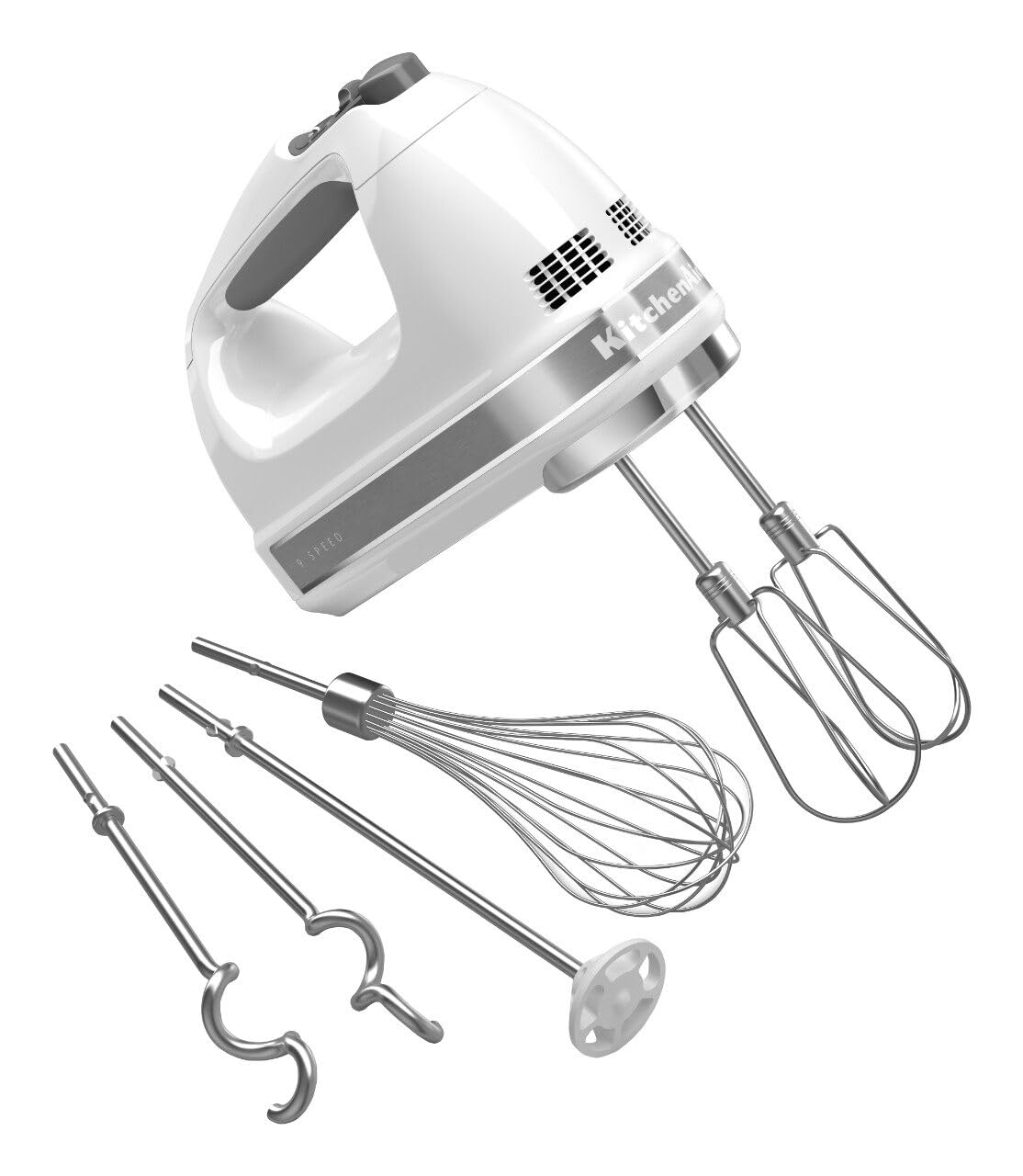 KitchenAid hand mixer front view showing ergonomic grip and controls, efficient mixing
