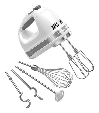 KitchenAid hand mixer front view showing ergonomic grip and controls, efficient mixing