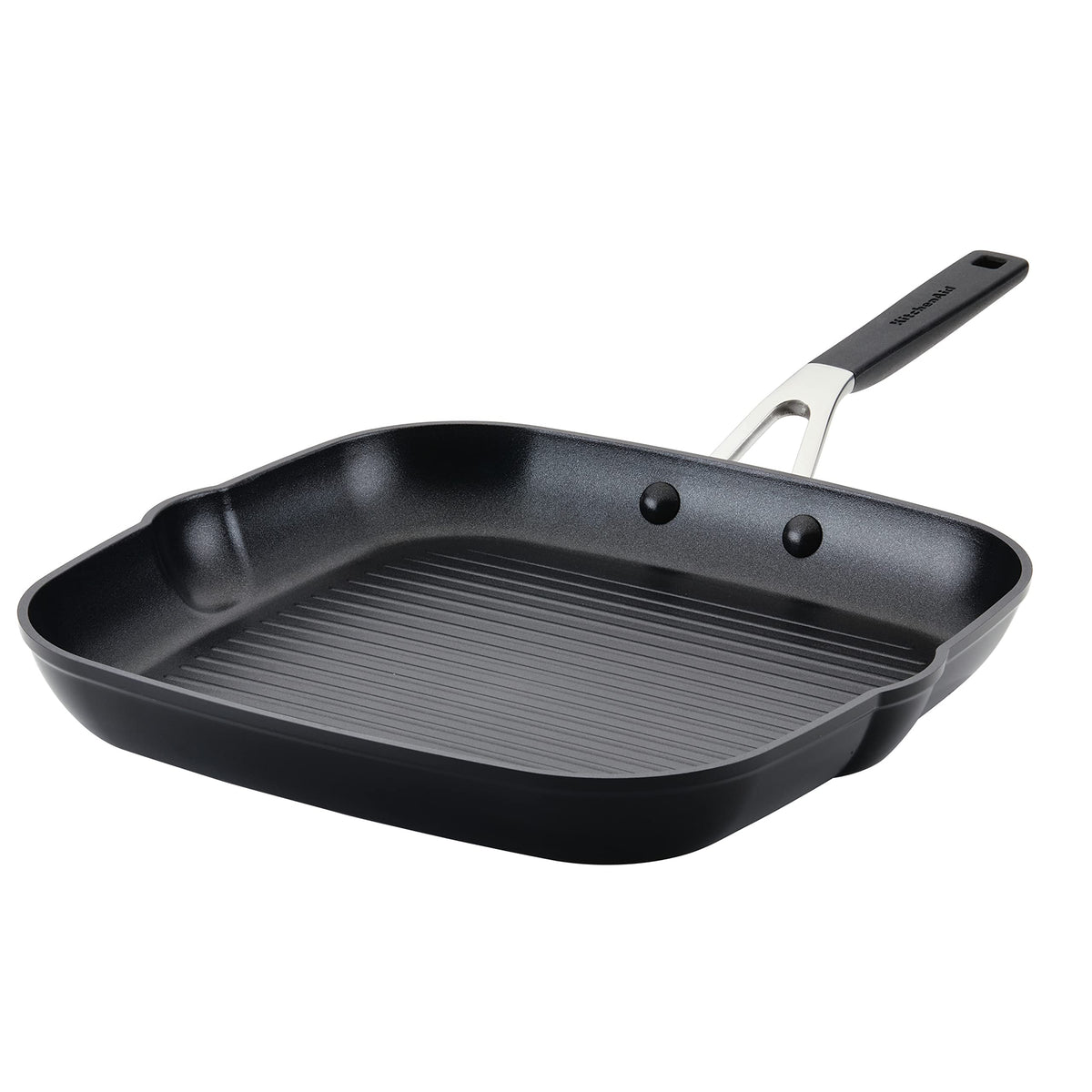 KitchenAid front view of square grill pan showing cooking surface and shape, easy grilling