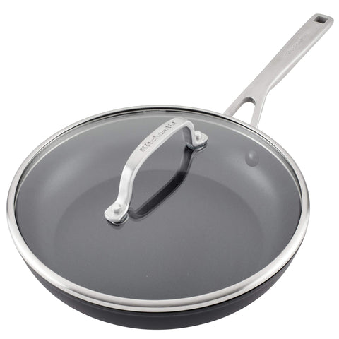 KitchenAid pan beside a ruler showing 10-inch scale for portion and size clarity