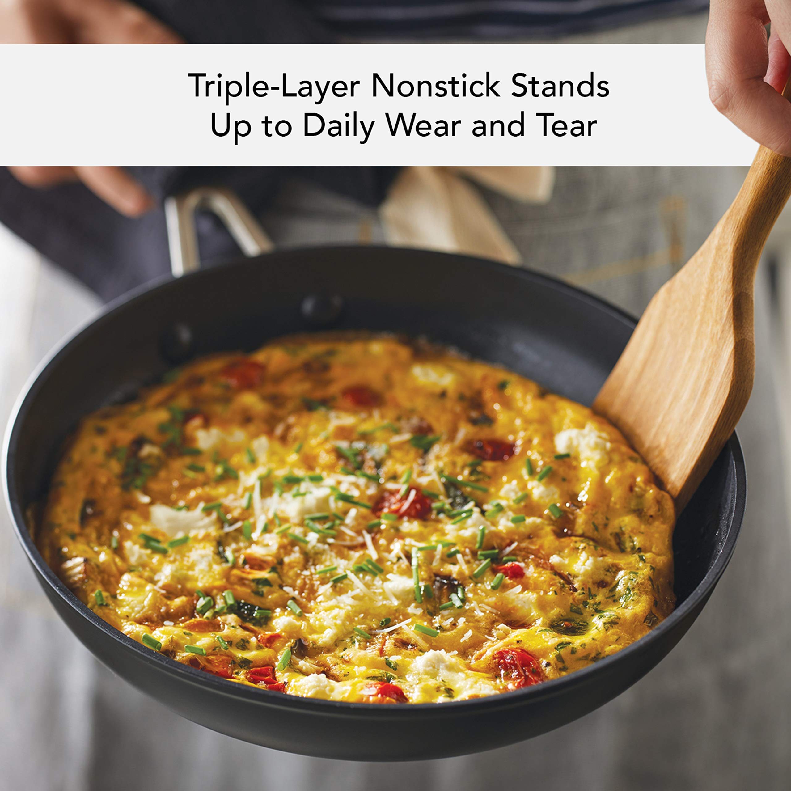 KitchenAid frying pan with tempered glass lid in place allowing visual monitoring while cooking
