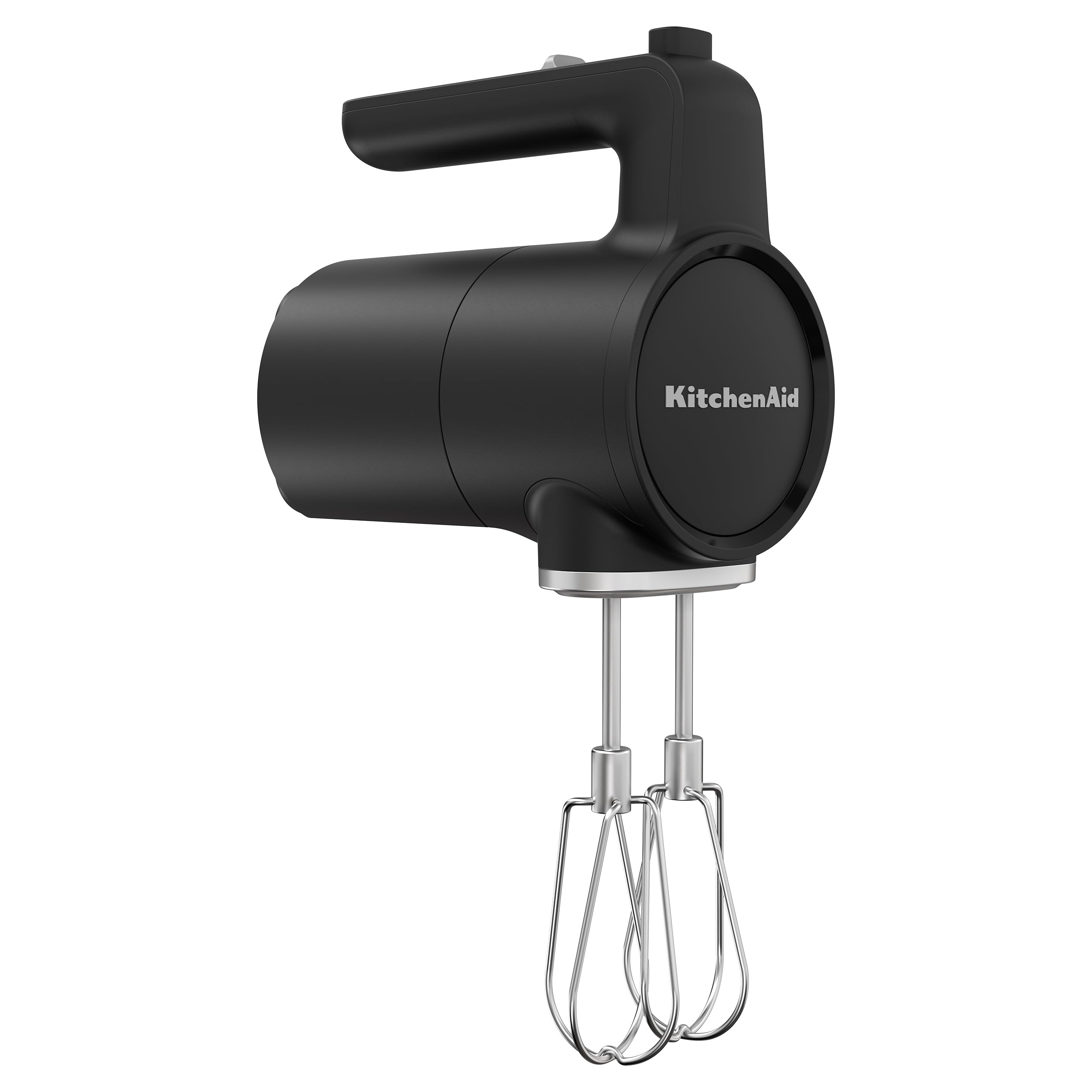 KitchenAid front view of cordless hand mixer showing compact body and controls for portable mixing