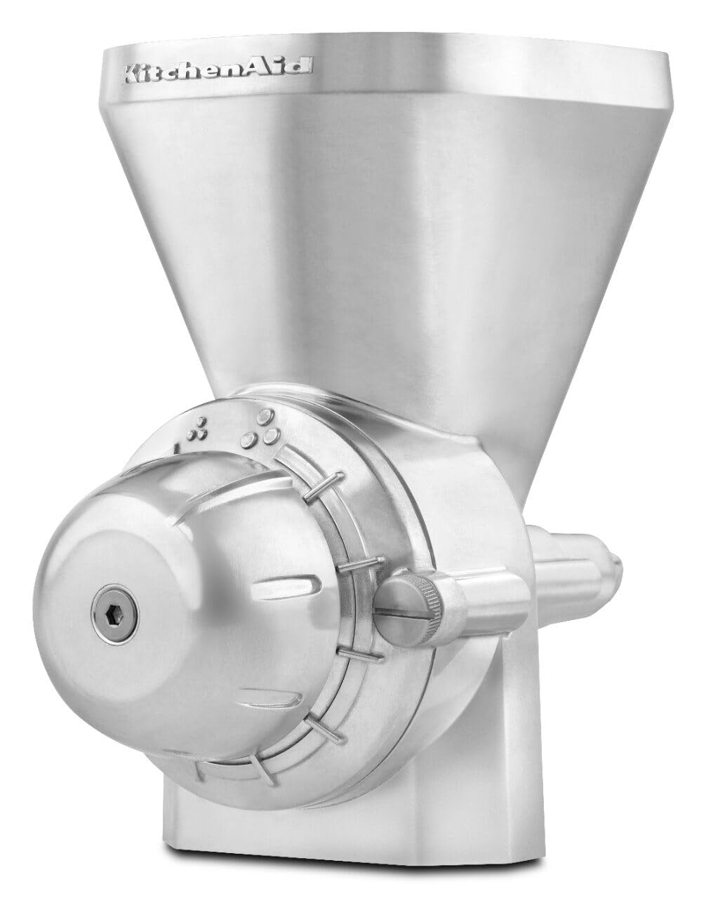 KitchenAid grain mill close-up on grind knob with settings, precise texture control