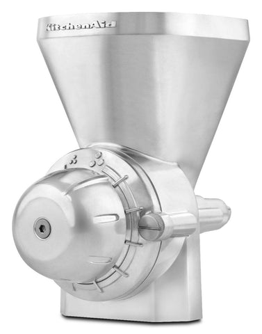 KitchenAid grain mill close-up on grind knob with settings, precise texture control