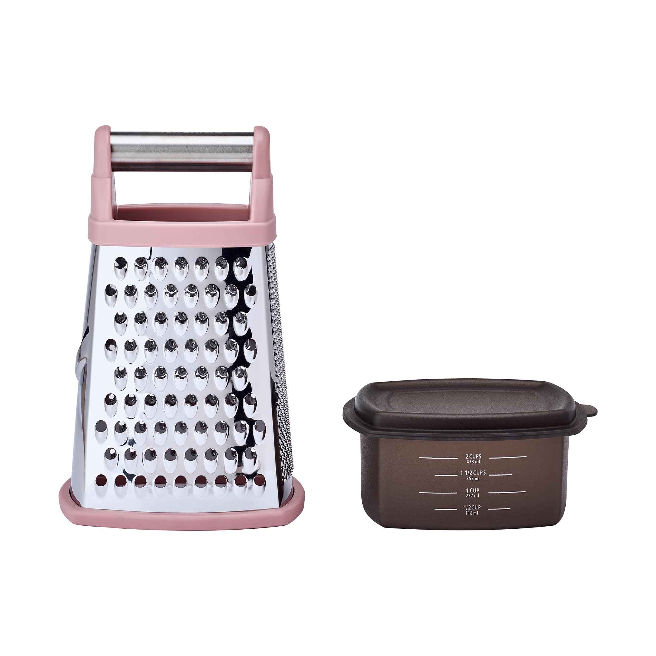 KitchenAid close-up of stainless steel grating faces and slicer, durable sharp blades benefit