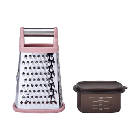 KitchenAid close-up of stainless steel grating faces and slicer, durable sharp blades benefit