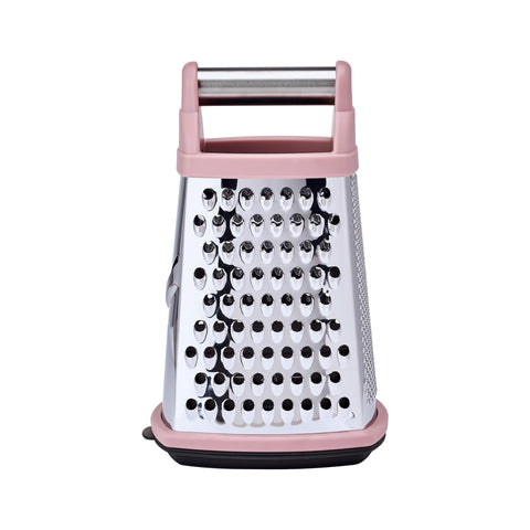 KitchenAid grater in use shredding cheddar into container, keeps counters mess-free benefit