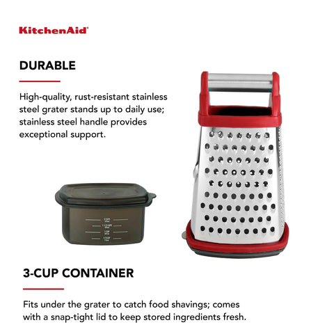KitchenAid grater detail of coarse, medium, fine and slicing blades for versatile use