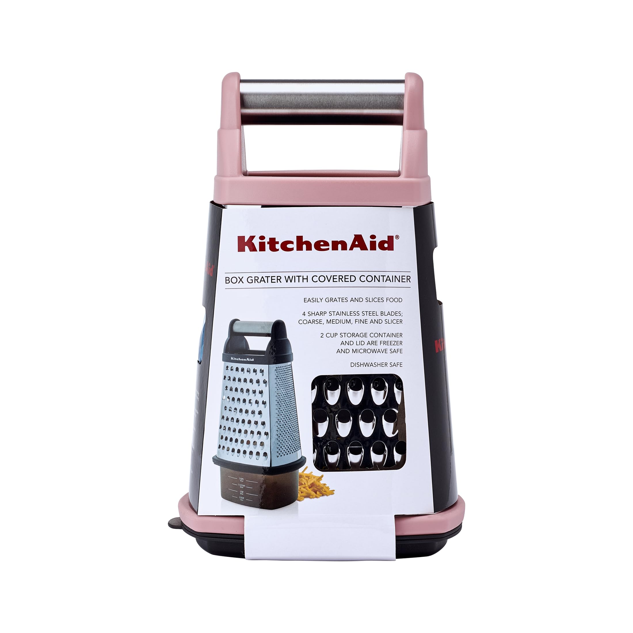 KitchenAid grater next to teaspoon showing 10 inch scale, helps visualize size and storage