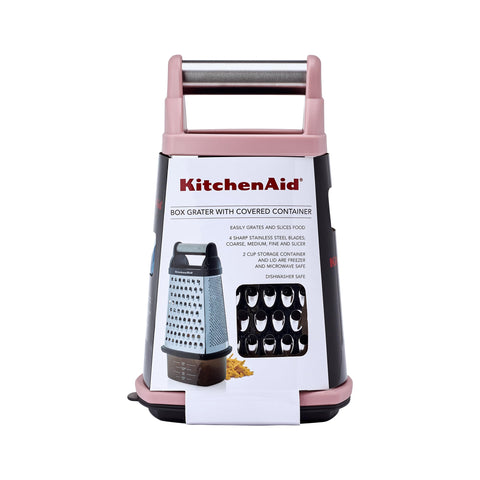 KitchenAid grater next to teaspoon showing 10 inch scale, helps visualize size and storage