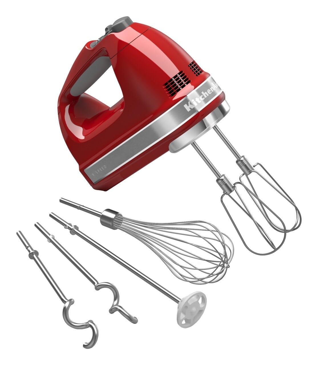 KitchenAid hand mixer front view in Empire Red showing controls and compact design for comfort