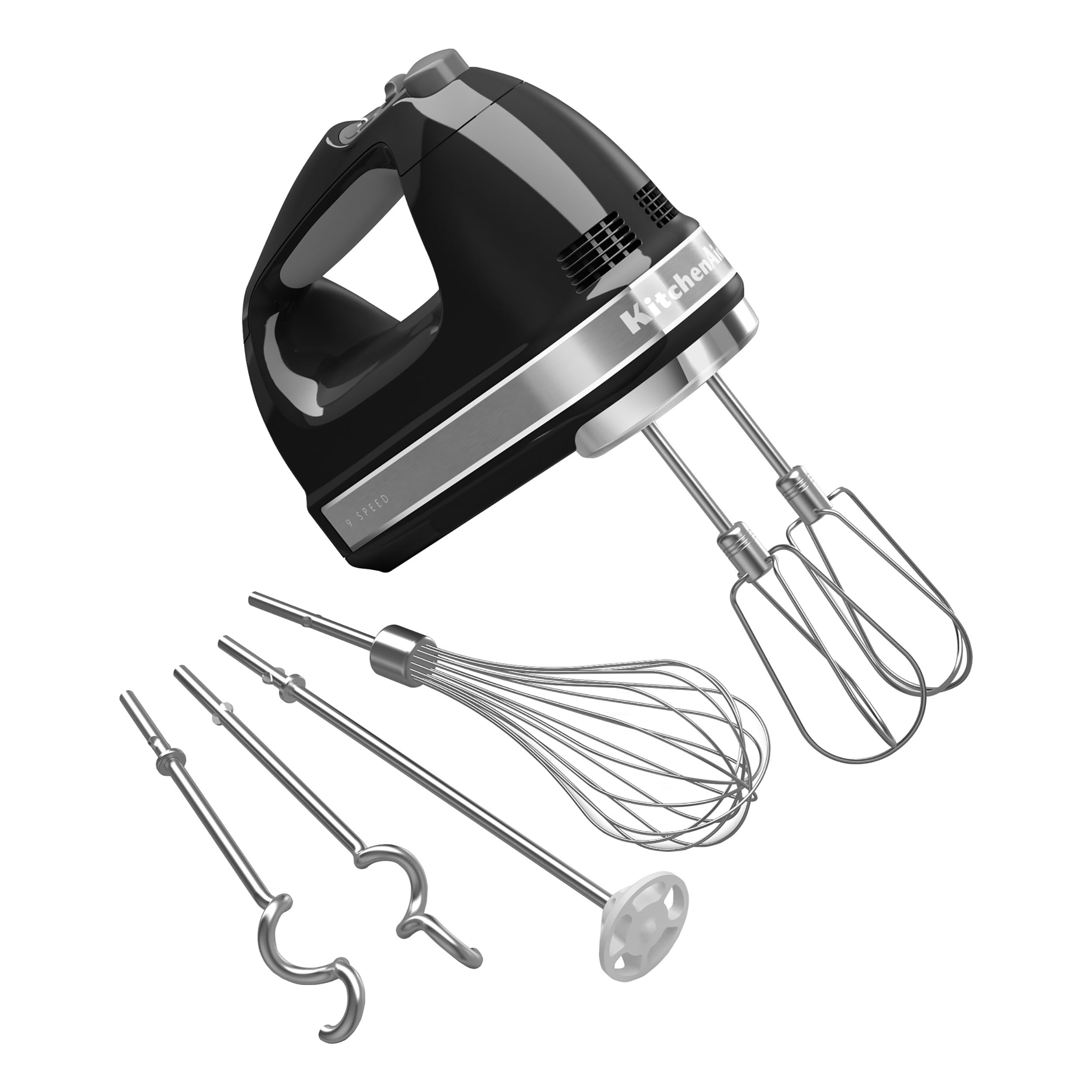 KitchenAid hand mixer front view showing controls and ergonomic handle benefit convenience