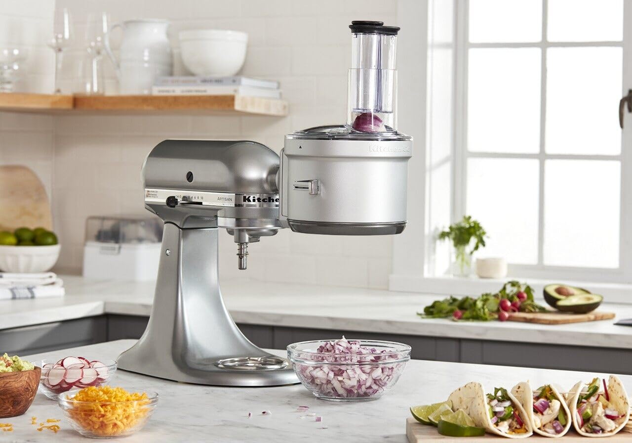 KitchenAid attachment in use on stand mixer speeding vegetable prep