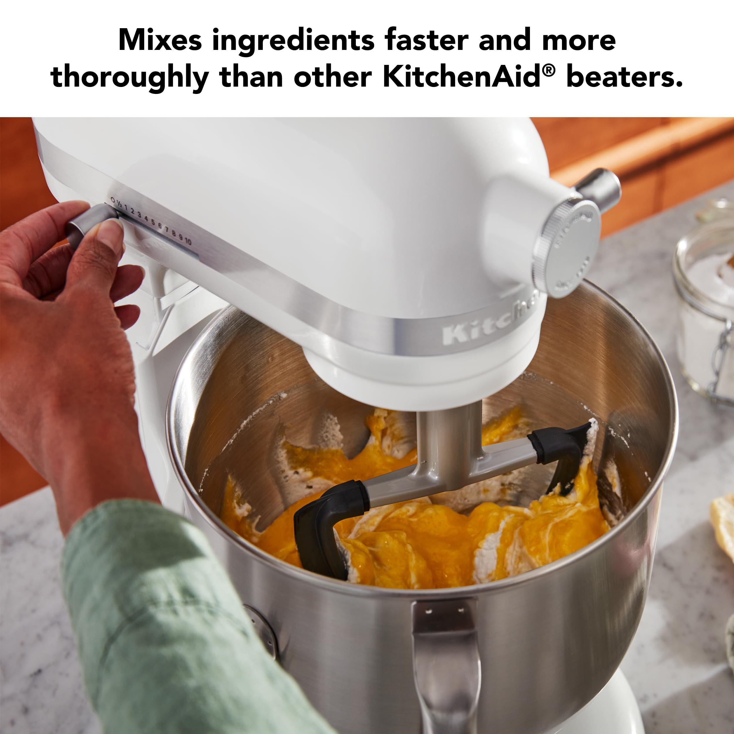 KitchenAid detail of beater surface and flexible edges for thorough blending