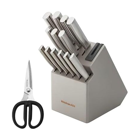KitchenAid knife block front view showing full 15-piece set and neat storage benefit