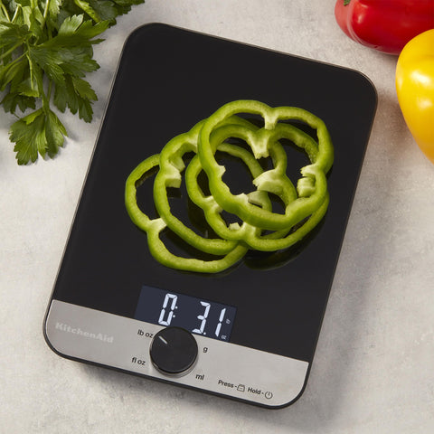 KitchenAid backlit LCD display showing clear weight numbers for quick reading