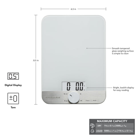 KitchenAid KQ908 oversized rotating knob detail for easy unit selection and quick tare control