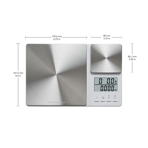 KitchenAid KQ909 close-up of dual stainless platforms showing separate measuring surfaces