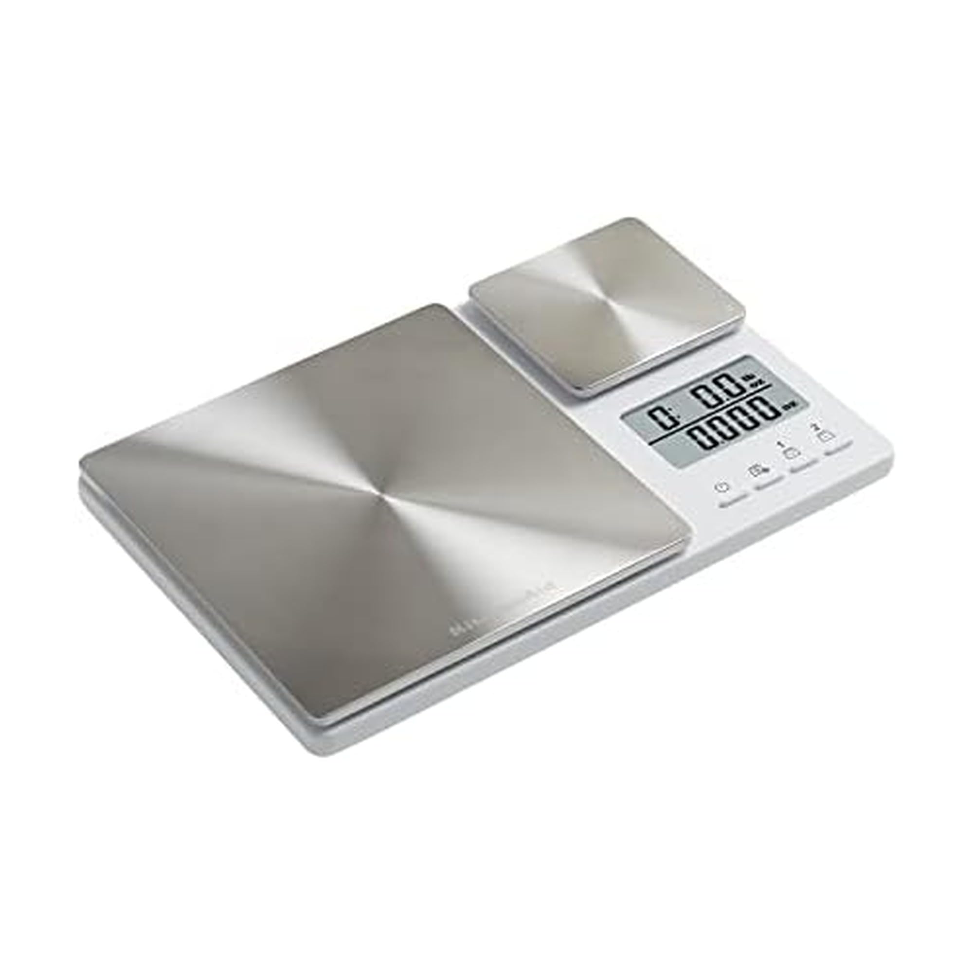 KitchenAid KQ909 front view showing white body and stainless platforms for durable weighing