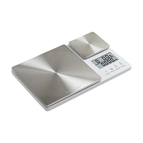 KitchenAid KQ909 front view showing white body and stainless platforms for durable weighing
