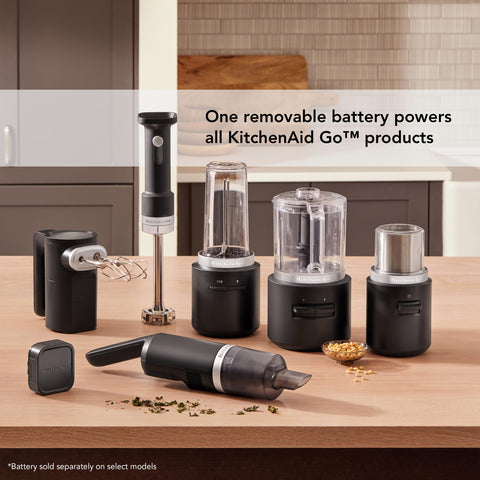 KitchenAid lifestyle image on kitchen counter showing cordless mixer portability and everyday use