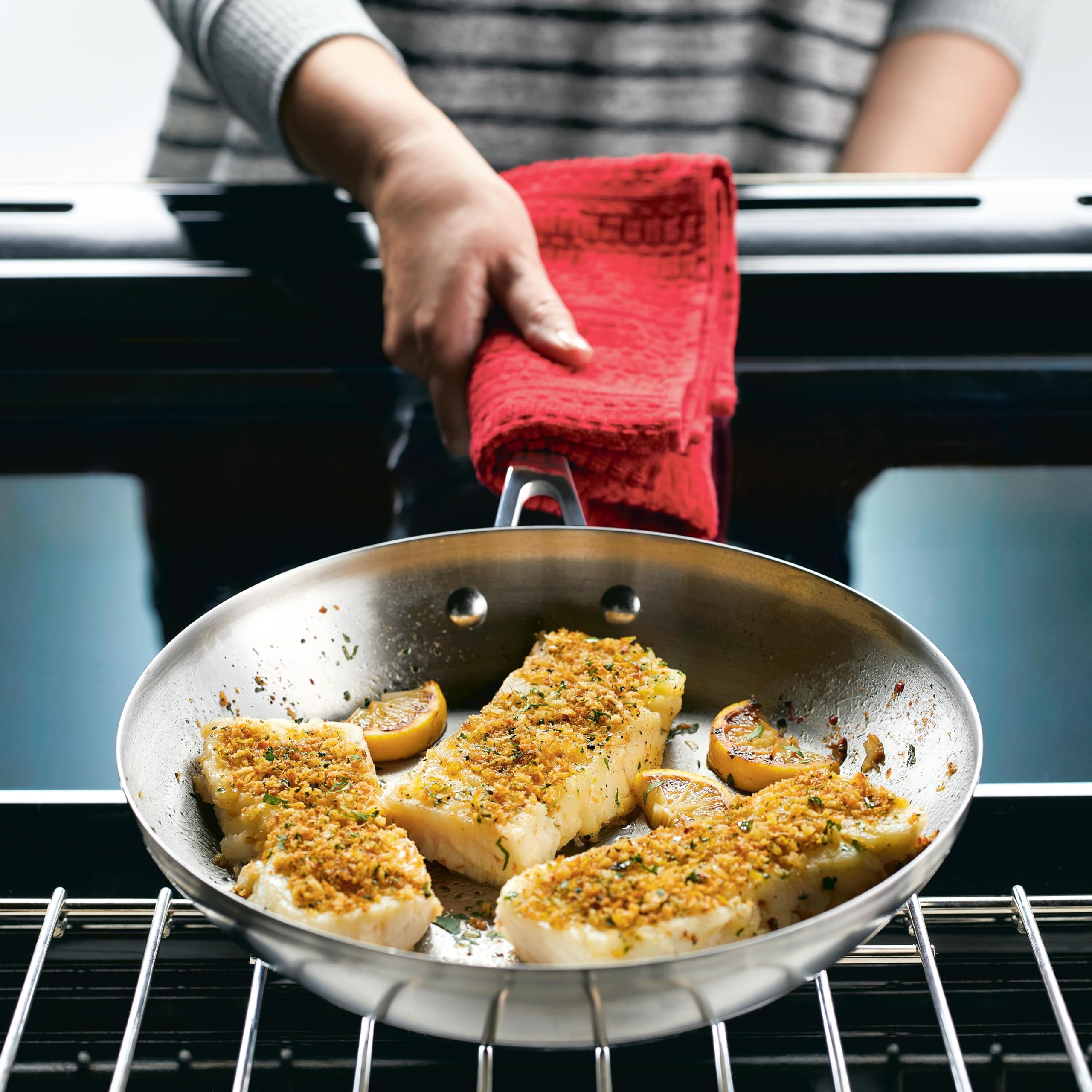 KitchenAid pan inside oven showing oven-safe use to finish dishes