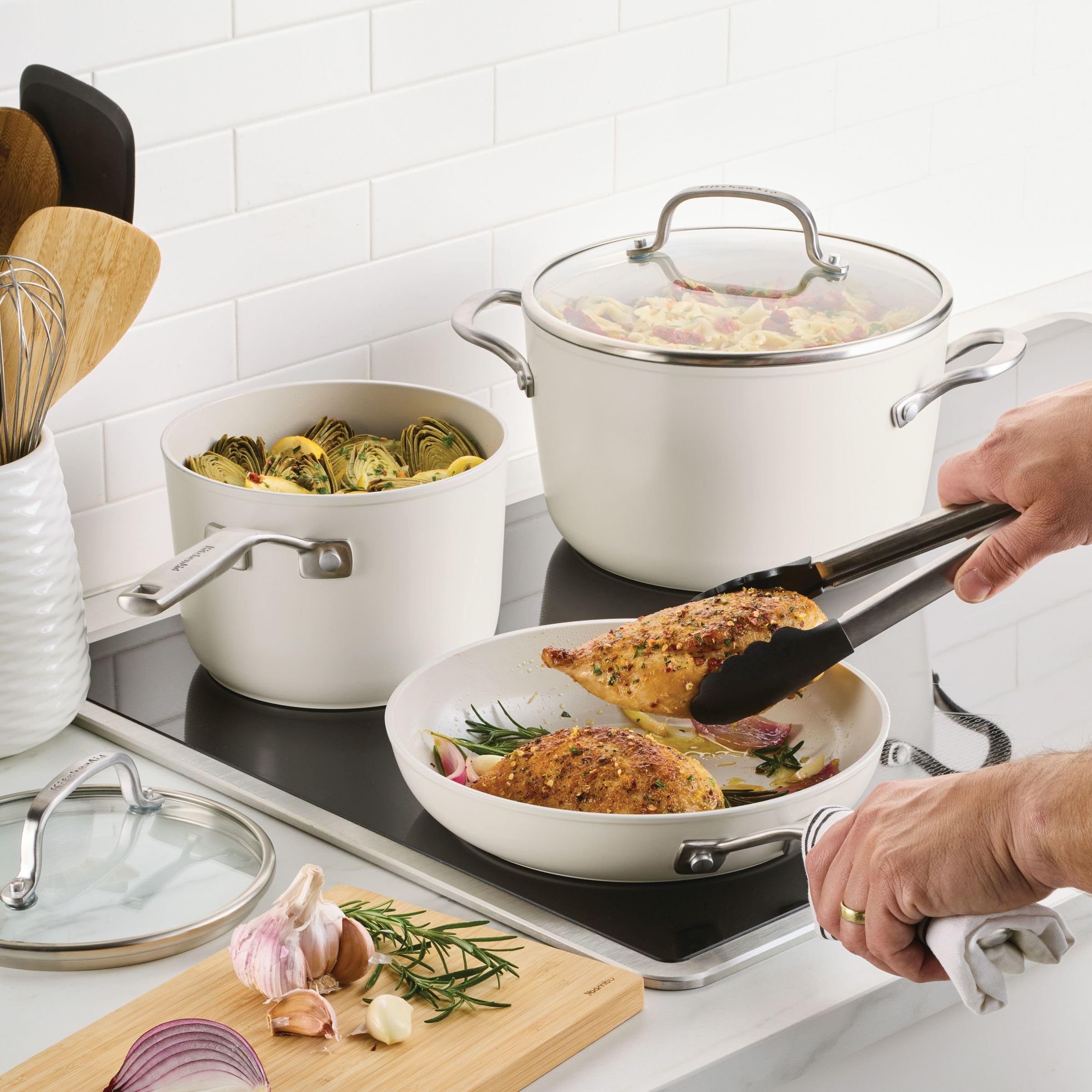 KitchenAid oven-safe skillet in oven illustrating high-temperature finishing capability