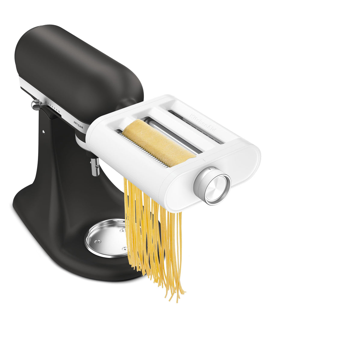 KitchenAid 3-in-1 Pasta Attachment front view showing compact design and durable finish