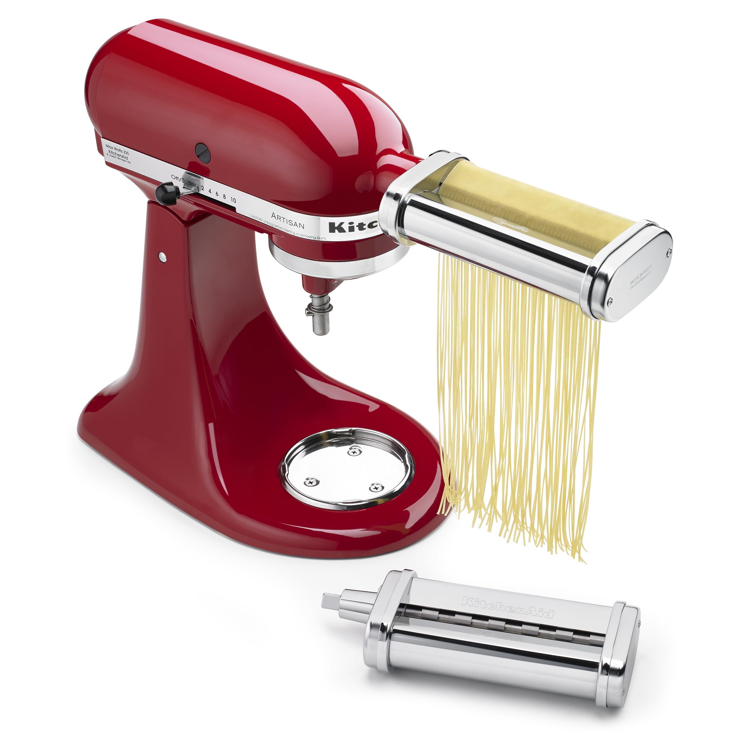 KitchenAid front view of pasta cutter set showing attachment and benefit of easy mounting