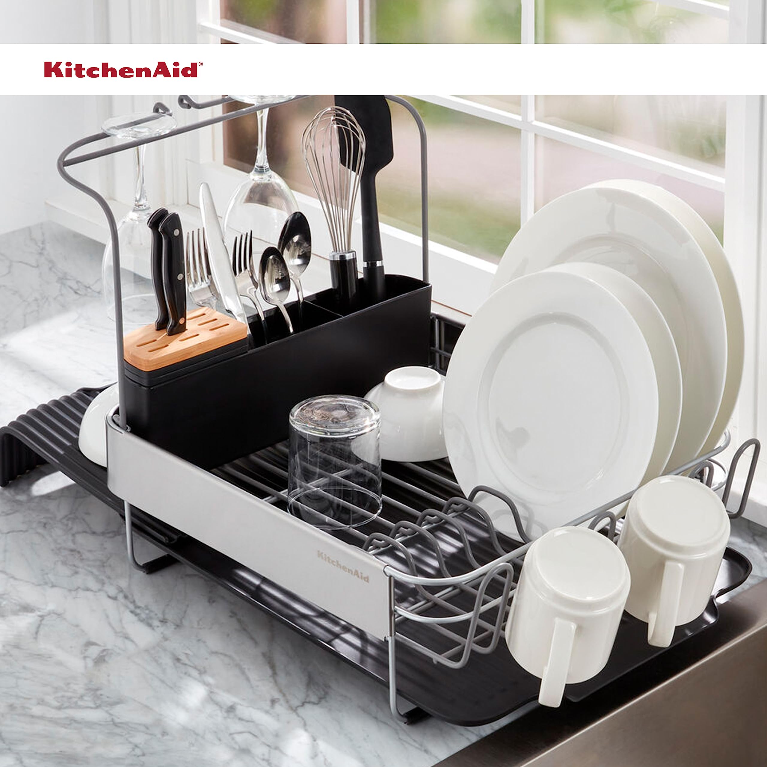 KitchenAid dish rack in a kitchen demonstrating expanded drying space