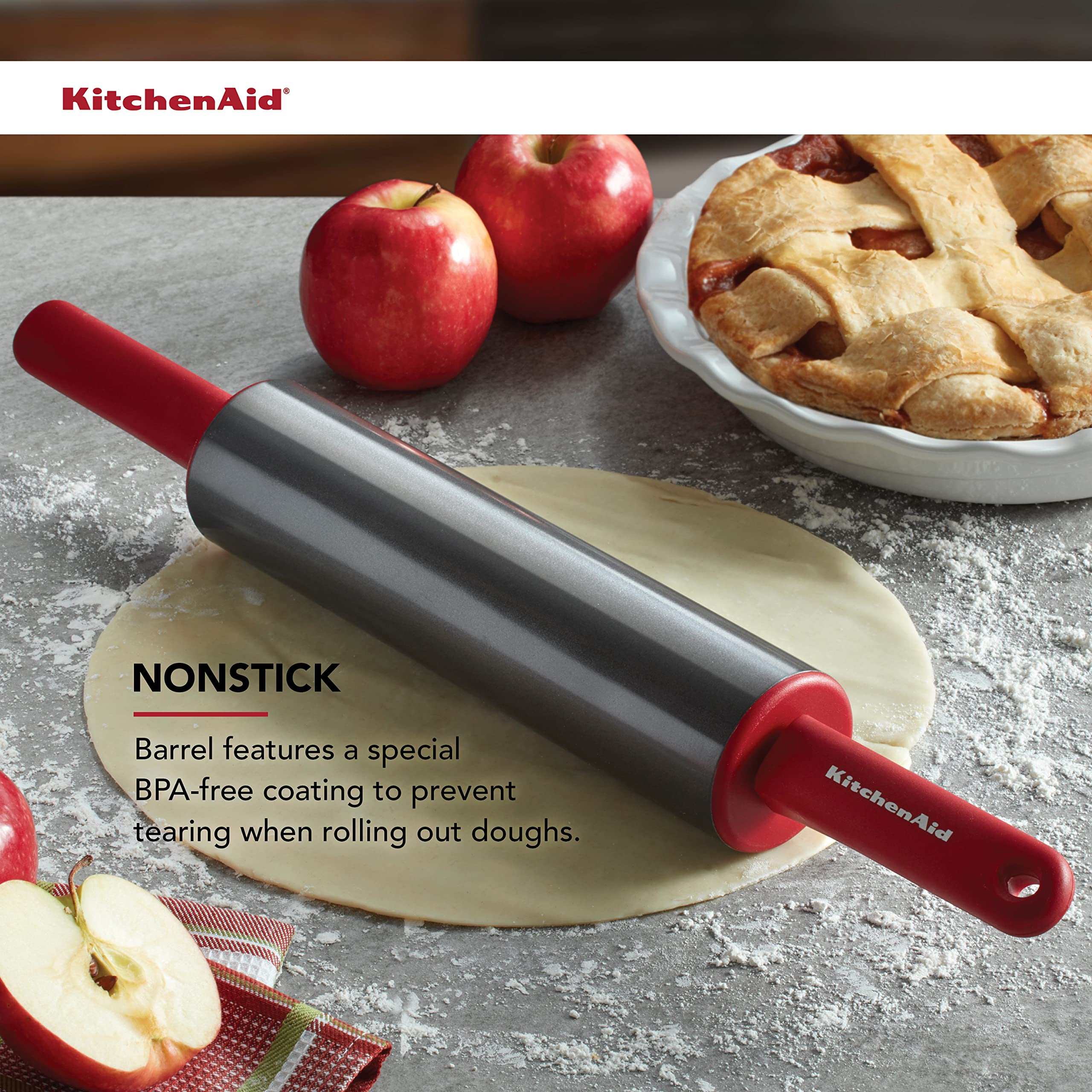 KitchenAid rolling pin offset handle detail showing ergonomic grip and clear counter space