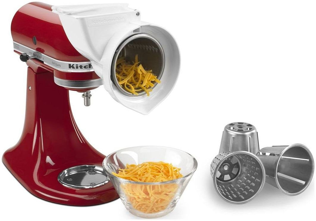 KitchenAid rotor slicer front housing attached to mixer showing sturdy fit and faster prep