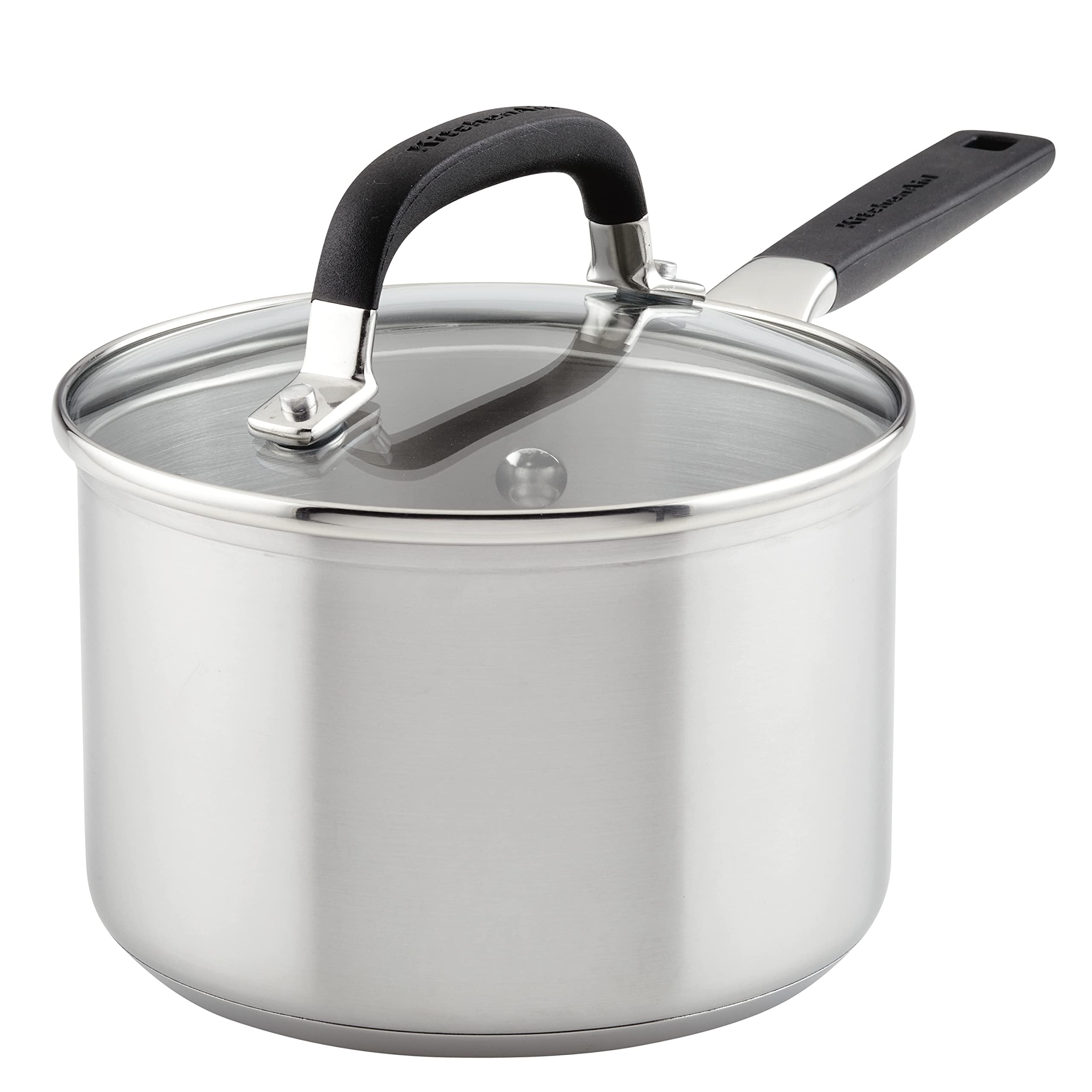 KitchenAid saucepan front view showing brushed stainless for durable cooking