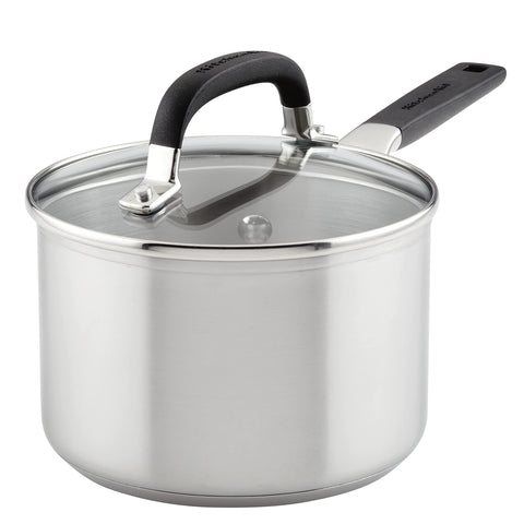 KitchenAid saucepan front view showing brushed stainless for durable cooking