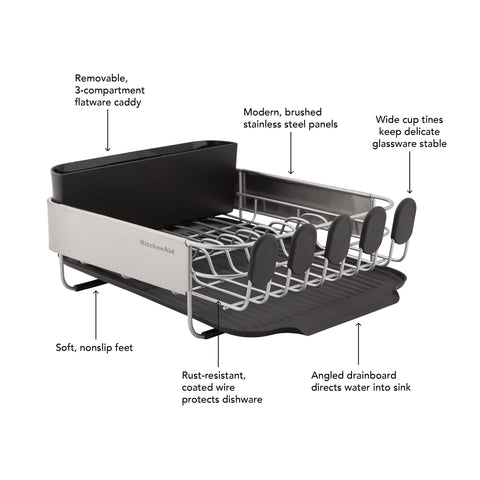 KitchenAid dish rack next to faucet showing compact size for small counters