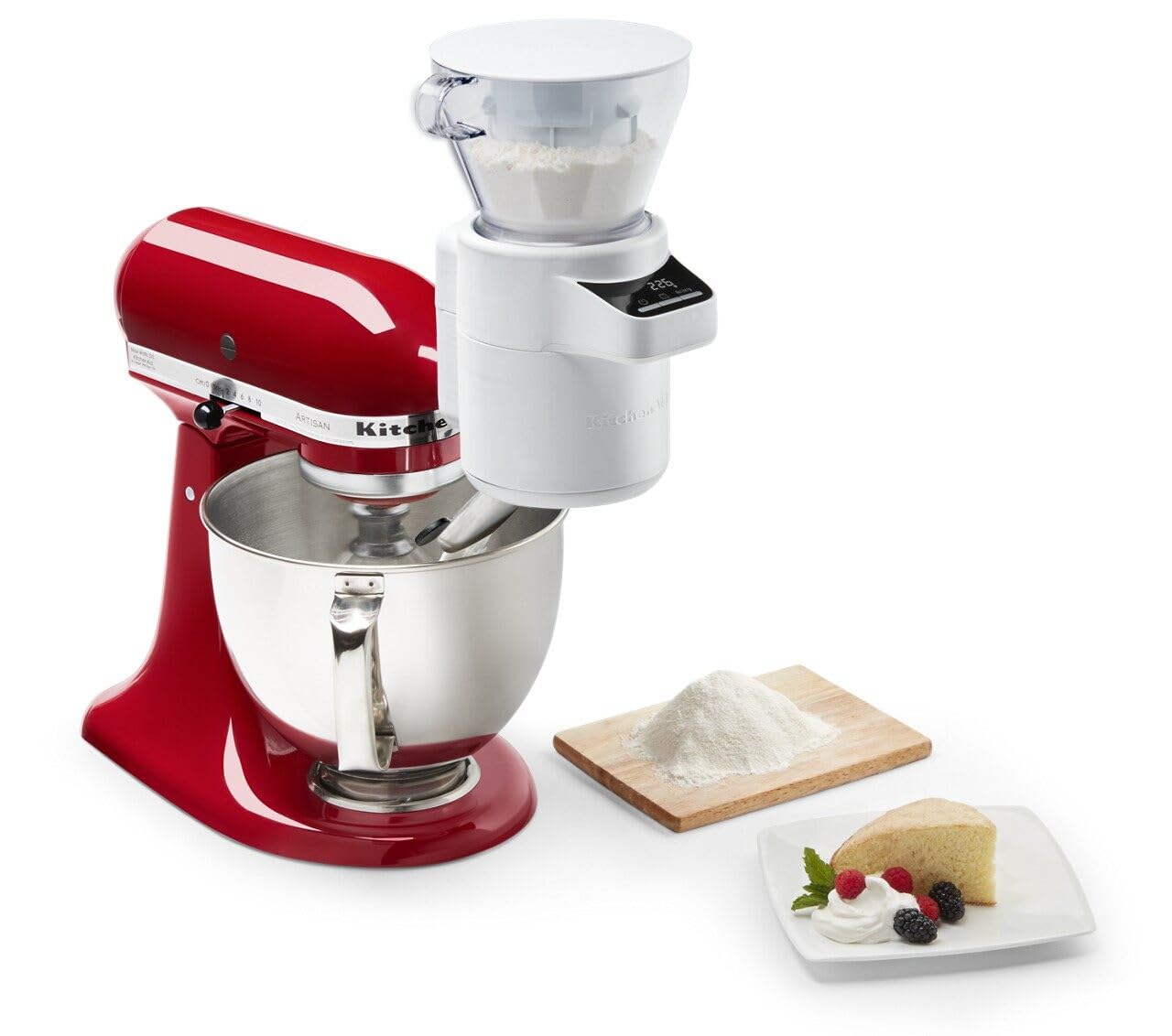 KitchenAid swivel chute dispensing sifted flour directly into bowl